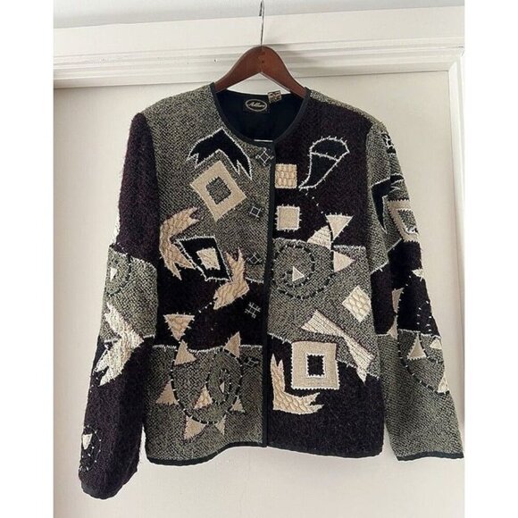 Vintage 1980s XL Woman ALLURE Brown Gray Geometric Patchwork Wearable Art Jacket - Picture 1 of 5